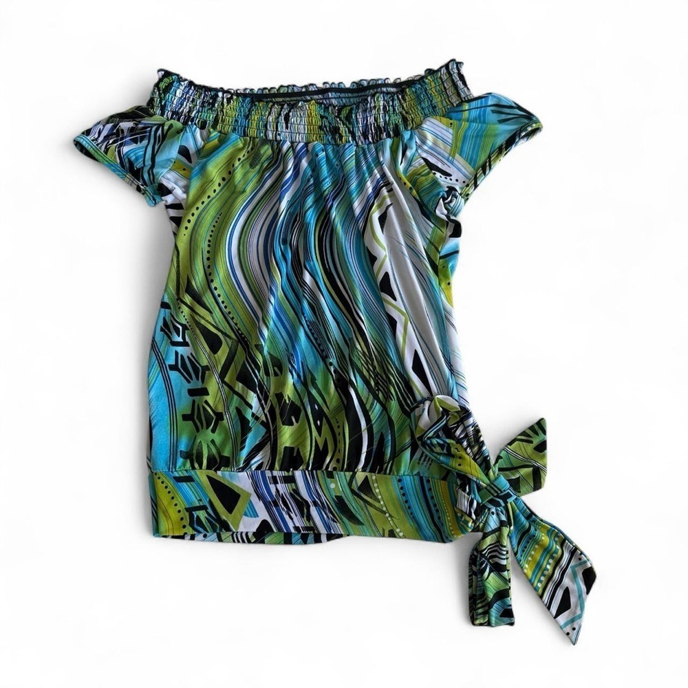 Heart Soul Vibrant Blue and Green Off-Shoulder Blouse